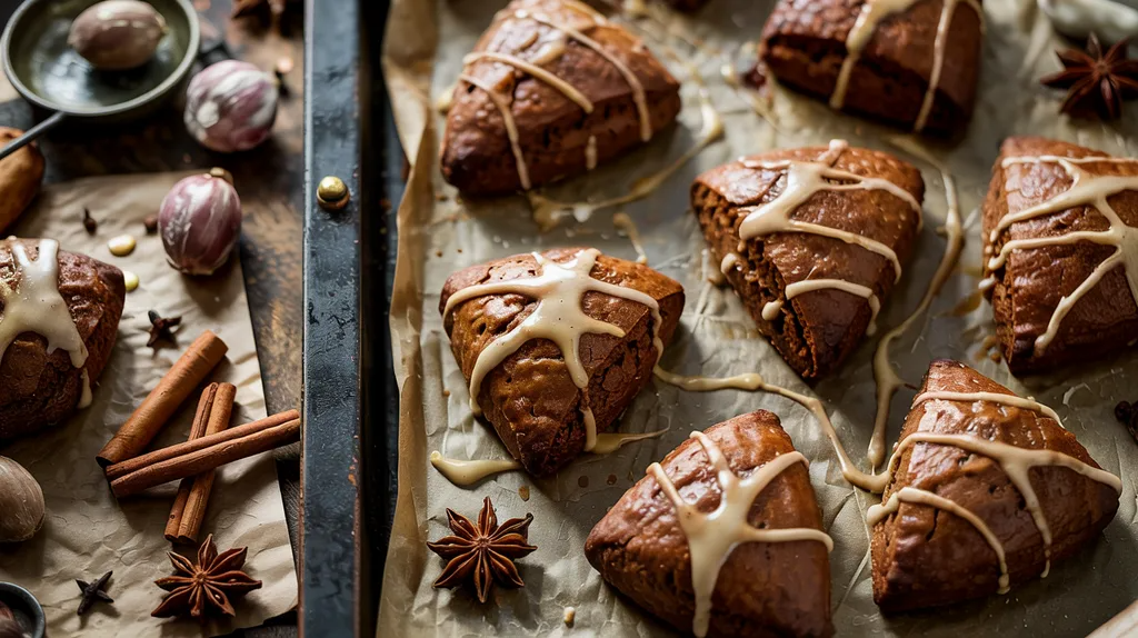 Gingerbread scones with molasses glaze and warm spices in cozy baking setting.