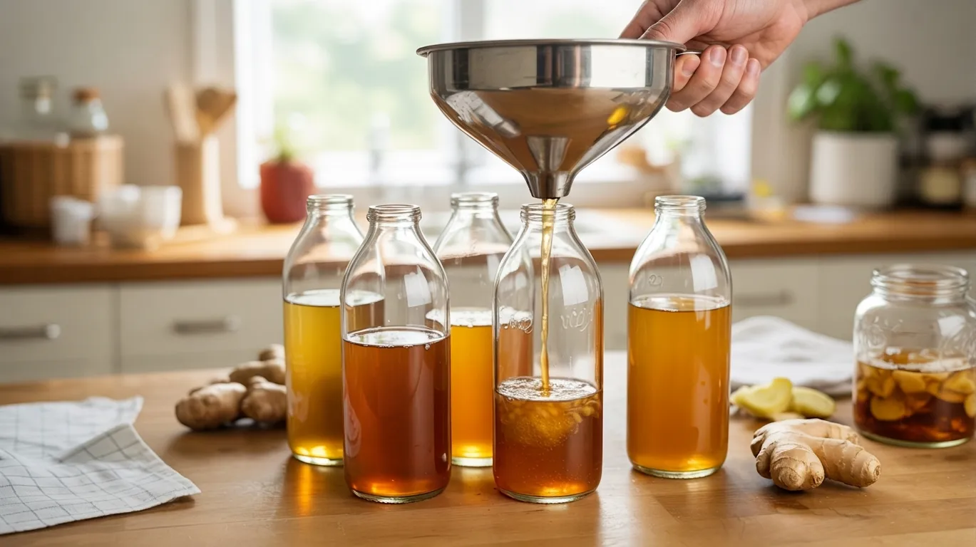 glass bottles being filled with kombucha leaving space at the top for proper carbonation.