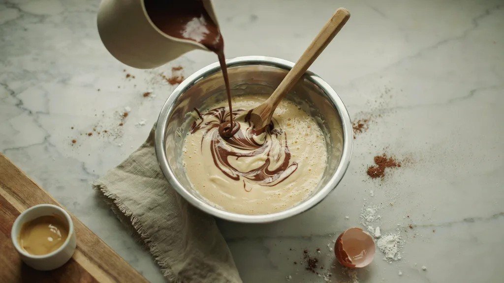 Melted chocolate being poured from a jug into pale batter in a steel bowl, swirling together on a marble countertop.