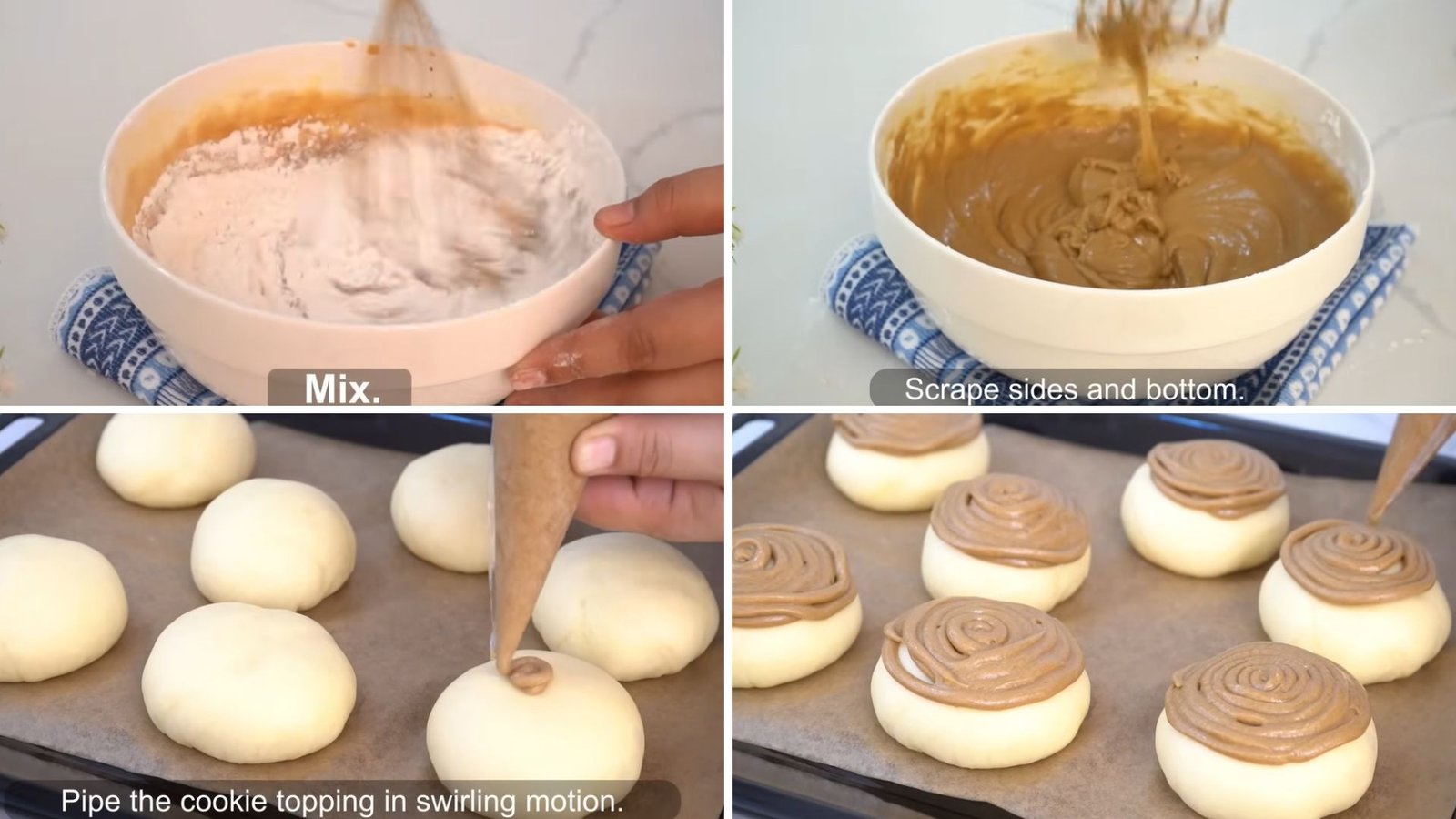 Four-panel collage showing mixing cookie topping batter and piping it in swirling motion onto proofed dough balls on a tray.