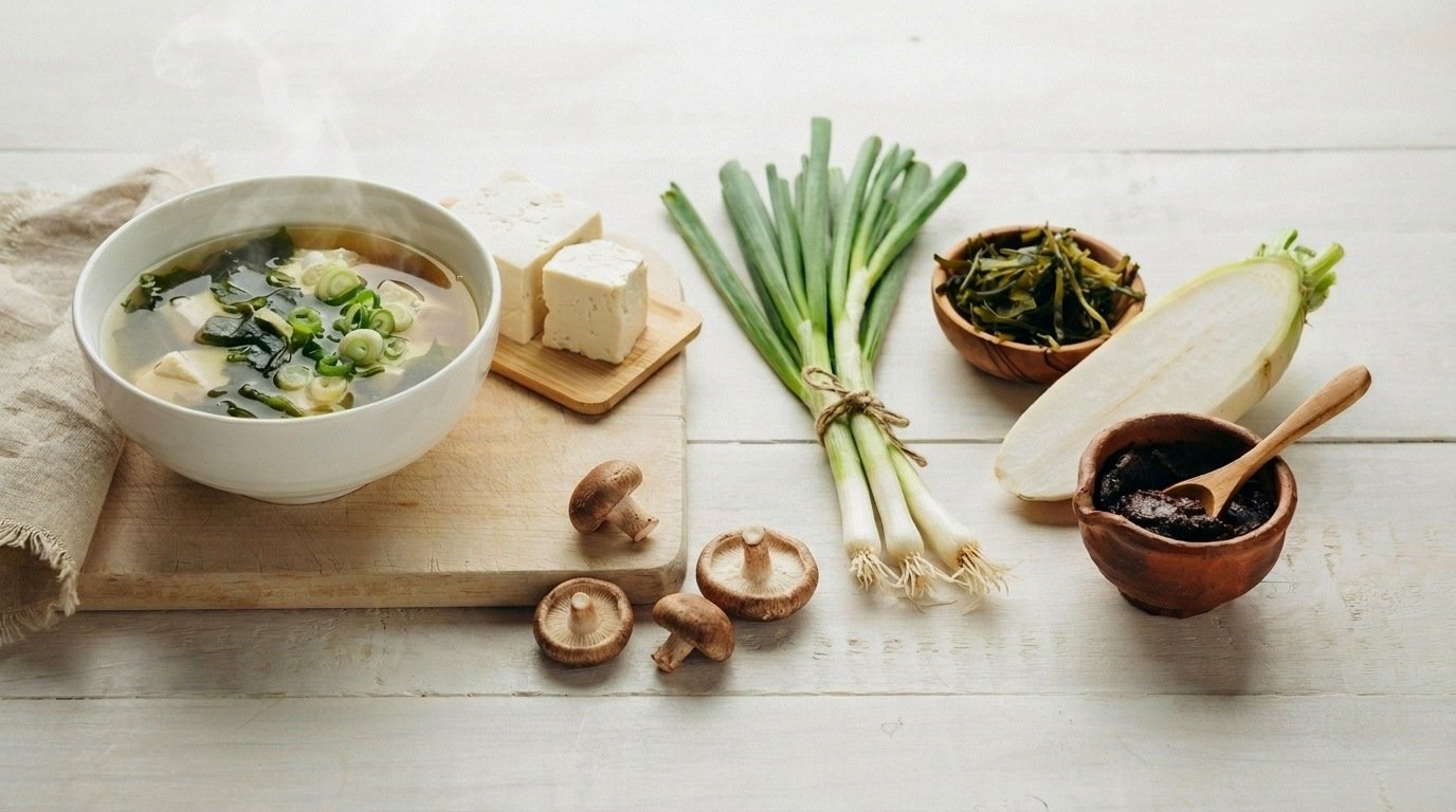 vegetable miso soup with fresh ingredients showing healthy and nutritious components.