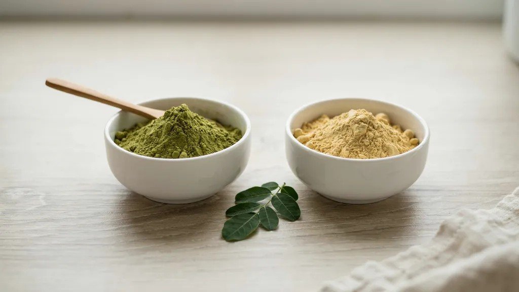 bright green moringa powder compared with dull low quality powder.
