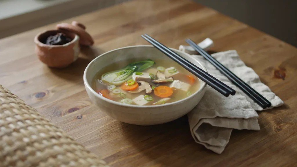 vegetable miso soup with bok choy mushrooms carrots and tofu served in a warm bowl.
