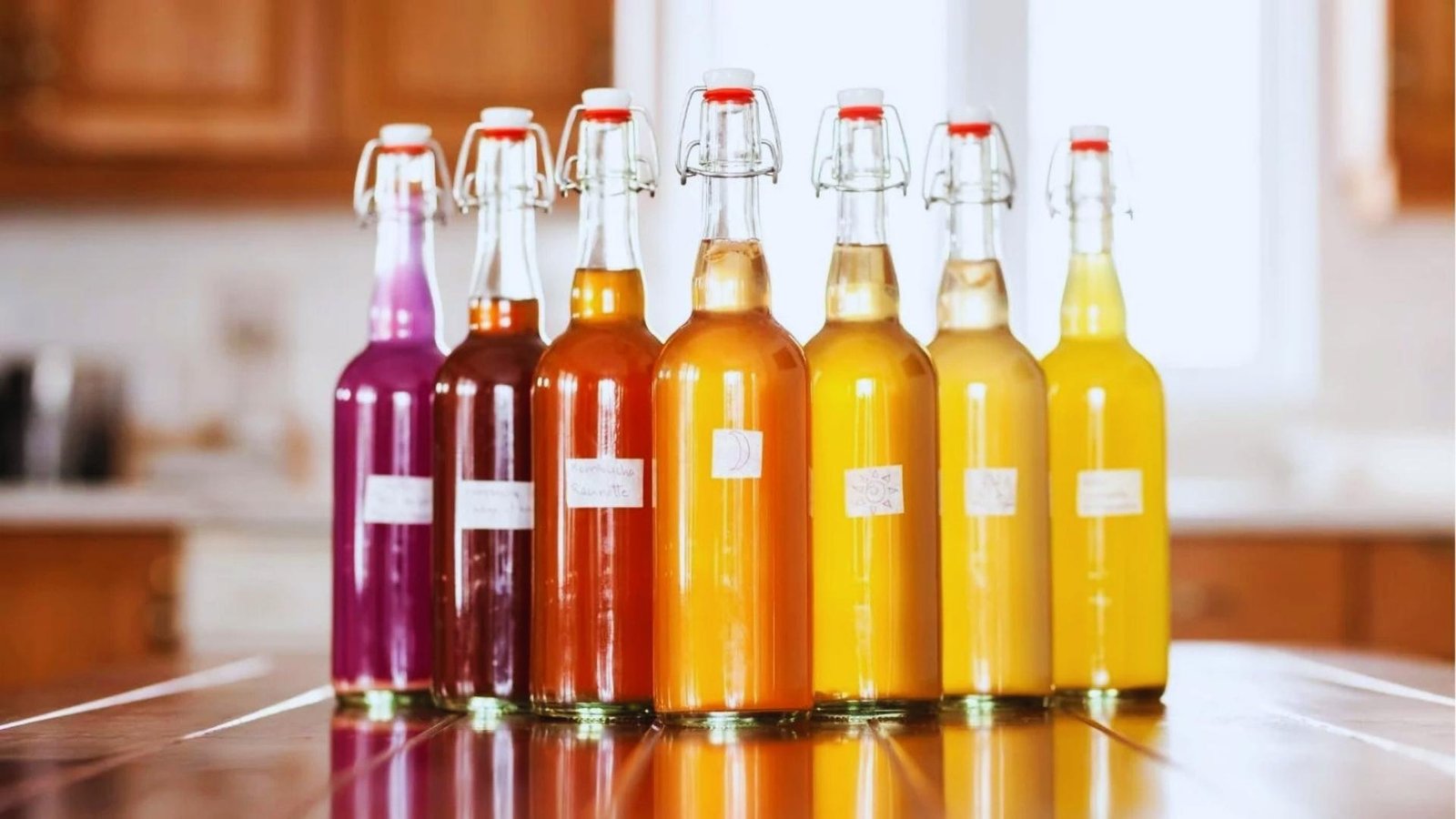 Seven flip-top kombucha bottles in gradient from purple to yellow stand on a wood counter with a blurred kitchen background in sunlight.
