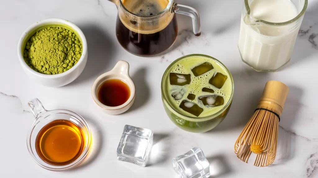 Ingredients needed to make a homemade matcha coffee recipe