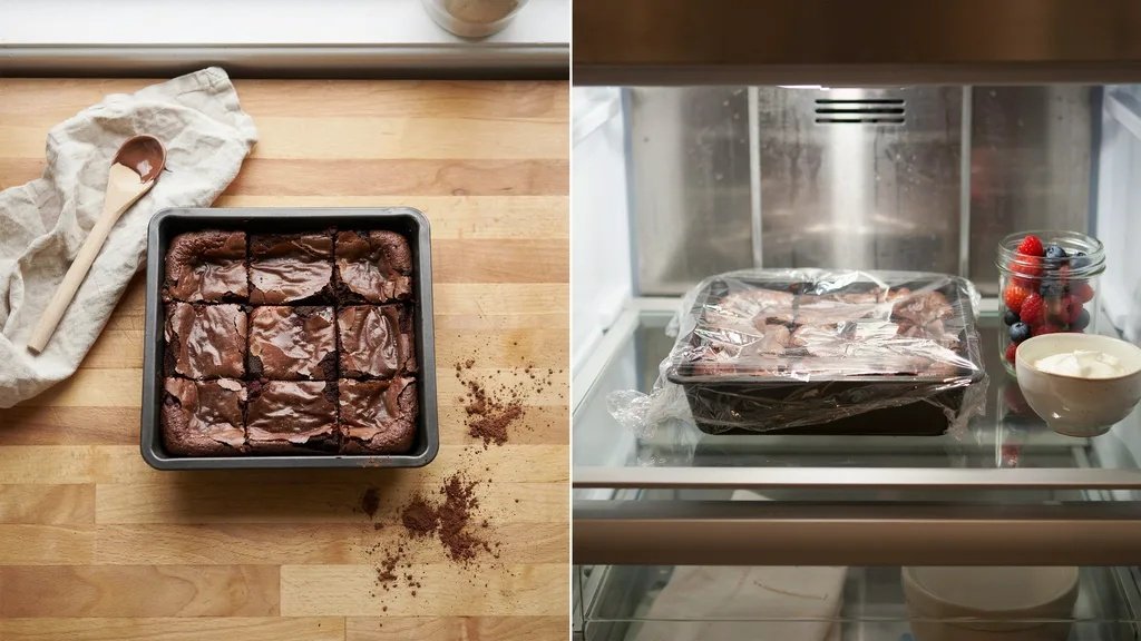 Side-by-side of sliced fudgy brownies in a baking pan and the plastic-wrapped pan stored inside a refrigerator.