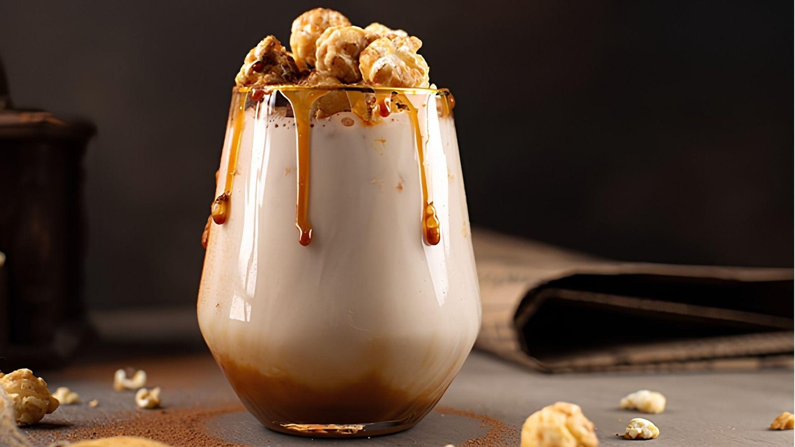 A creamy caramel protein smoothie in a stemless glass topped with popcorn and drizzled caramel sauce on a dark surface.