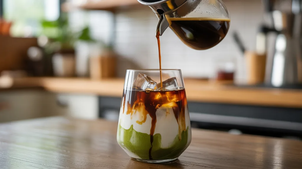 Pouring espresso over matcha and milk to make matcha coffee
