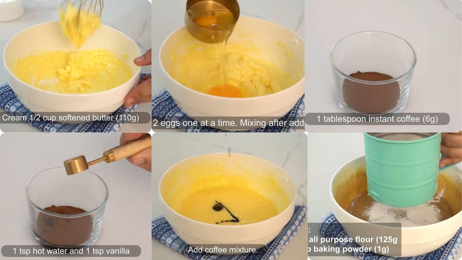 Six-panel collage showing creaming butter, adding eggs, dissolving instant coffee, and sifting flour with baking powder into batter.