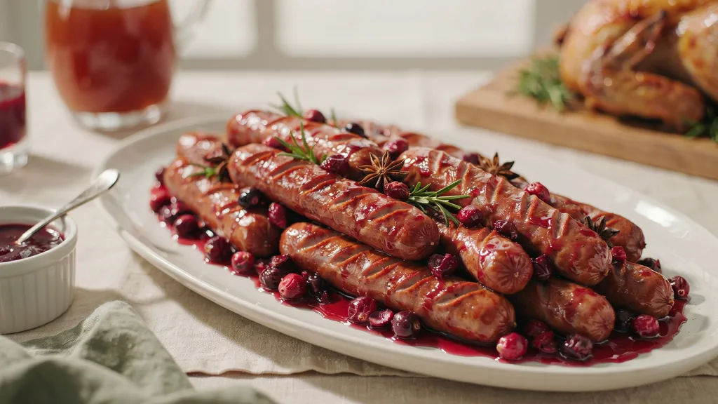 Grilled sausages topped with cranberry sauce, rosemary, and star anise on a platter beside a roast turkey.
