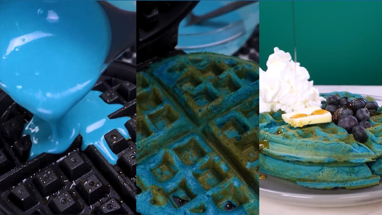 Three-step blue waffle process showing bright blue batter poured, cooking in waffle iron, finished waffle topped with whipped cream, blueberries, butter