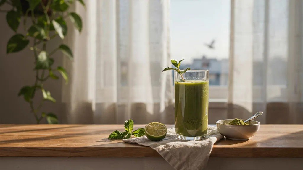 moringa drink placed in morning light representing best time to consume.