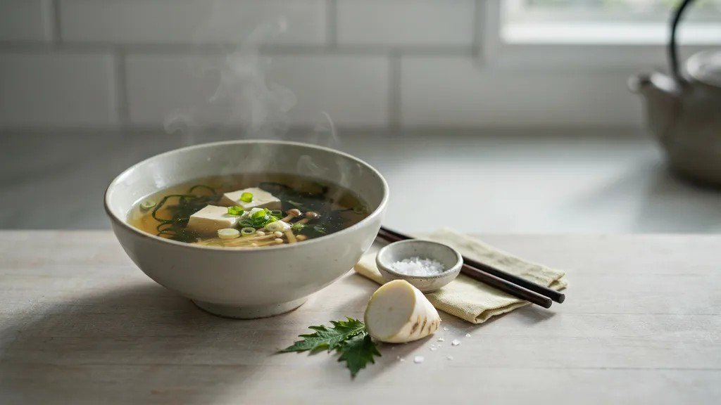 healthy vegetable miso soup shown as a simple clean plant based meal.