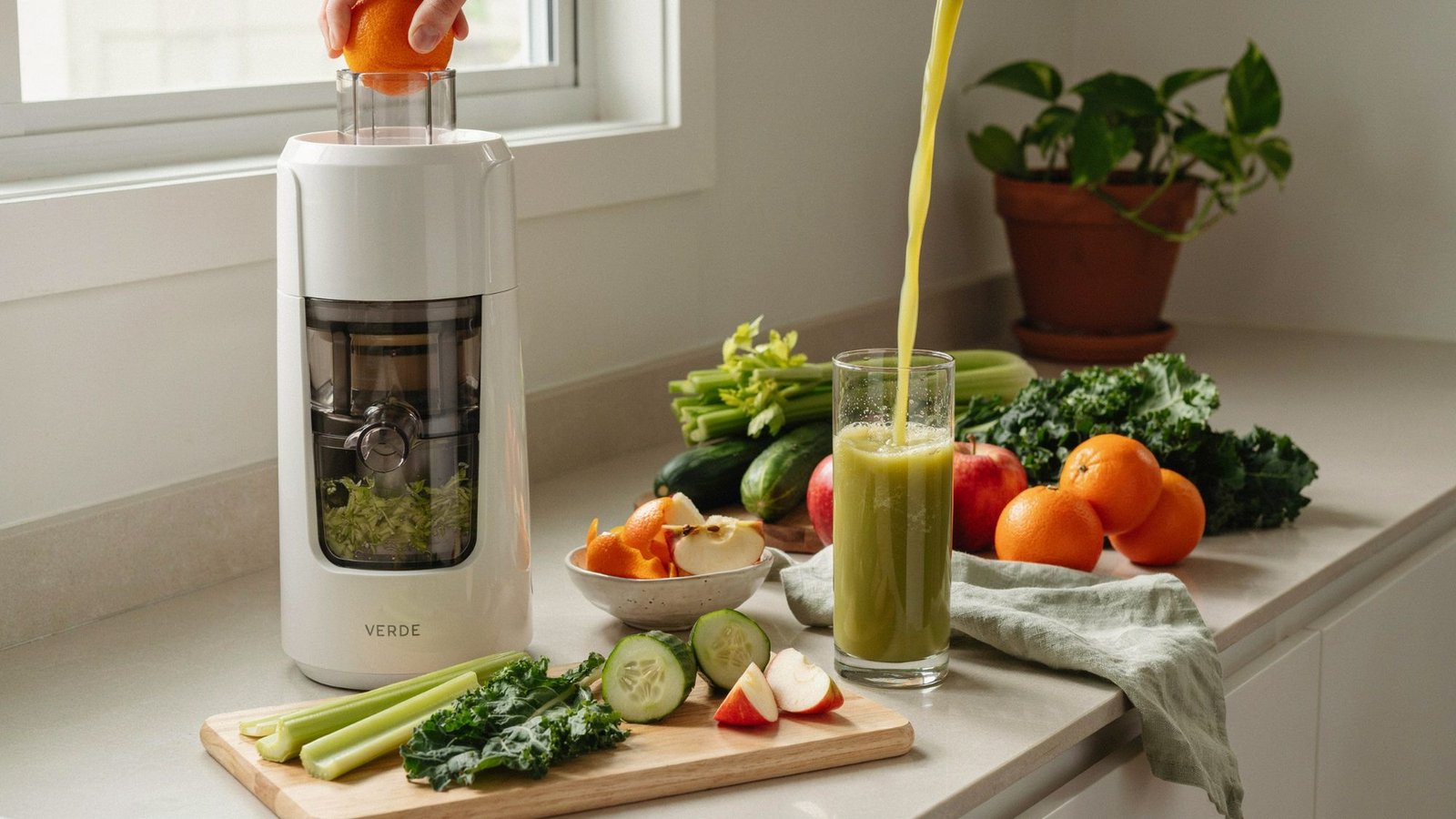 Juicer extracting fresh green juice from celery cucumber kale apple and orange into glass in a clean bright kitchen setup.