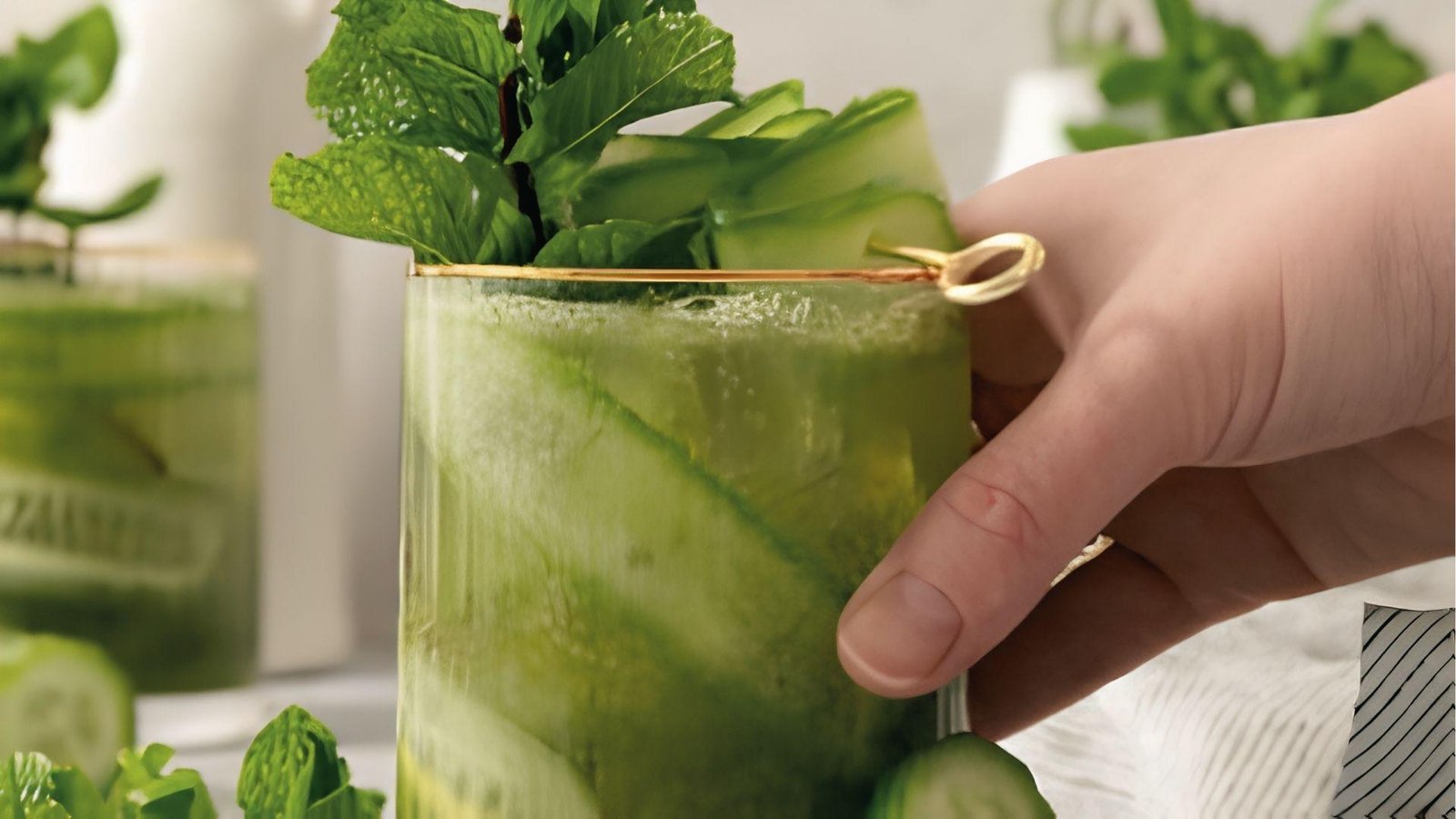 Hand holding tall glass of green cucumber mint agua fresca topped with fresh mint and cucumber slices