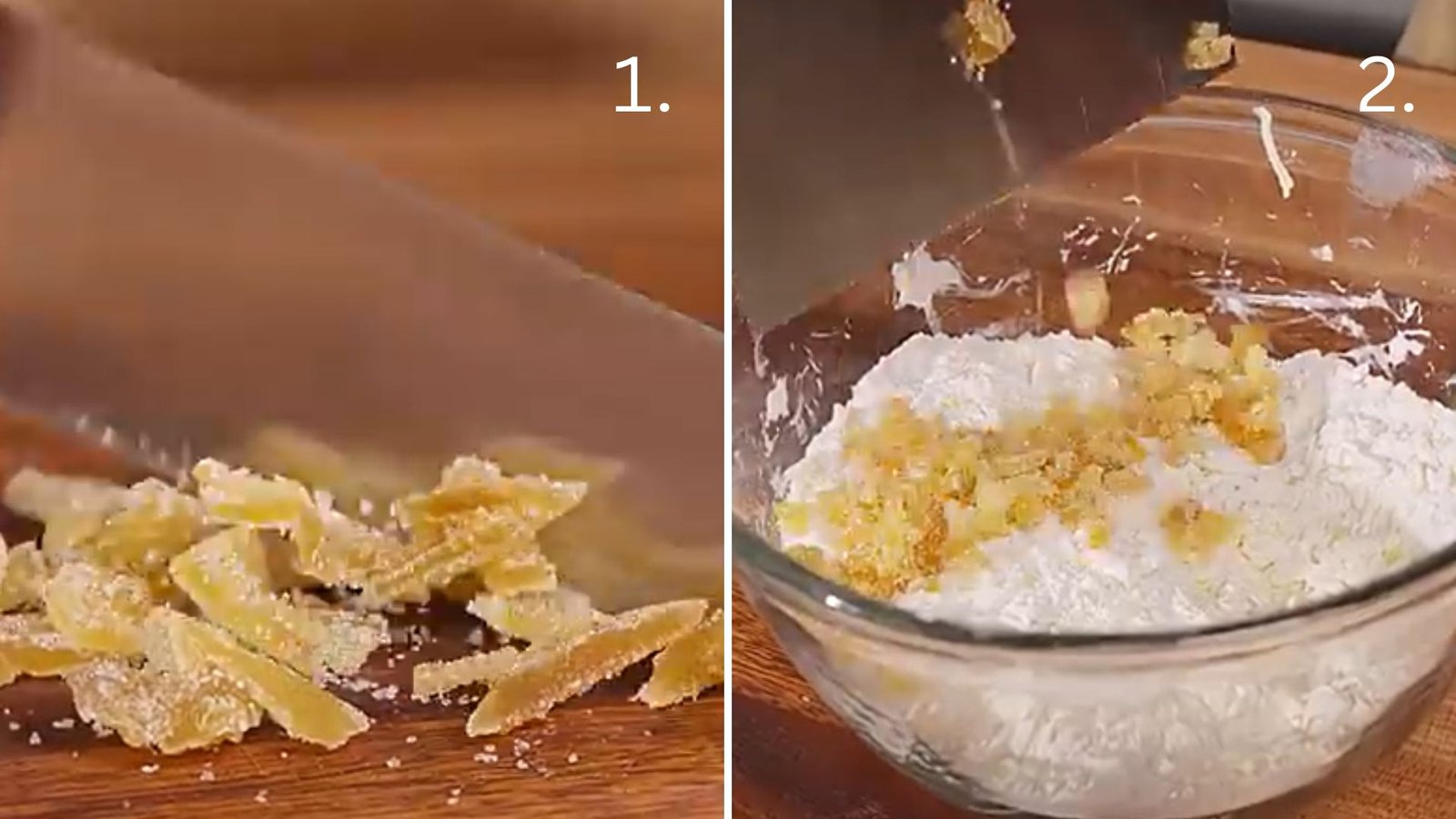 Adding candied ginger and sourdough cream mixture to form shaggy ginger scone dough.