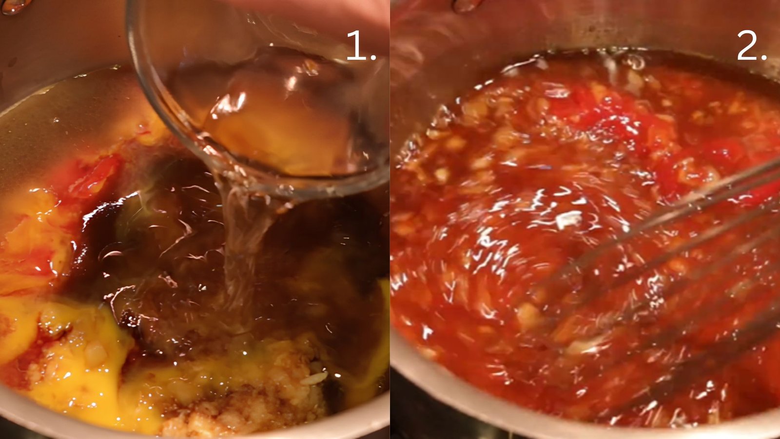 Hawaiian BBQ sauce simmering with water added, slowly thickening into a glossy barbecue consistency.