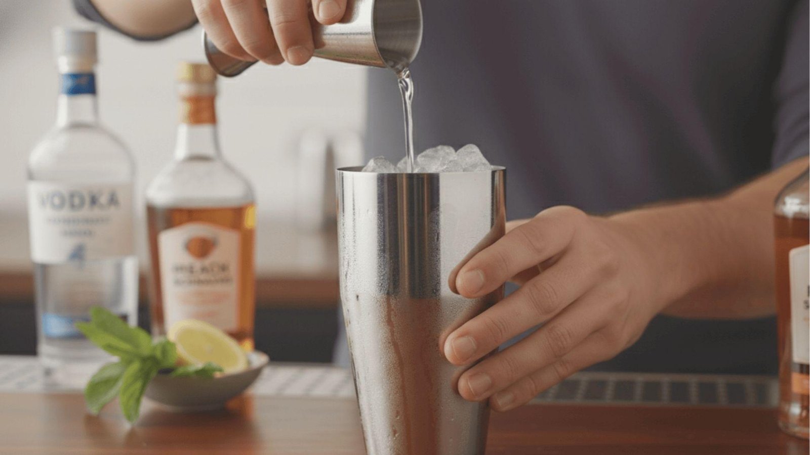 Pouring clear mezcal from a jigger into an ice-filled shaker for a Mezcal Espresso Martini, with vodka and coffee liqueur nearby.