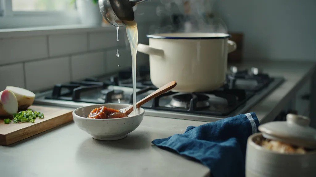 miso paste mixed with warm broth before being added to soup to preserve probiotics.