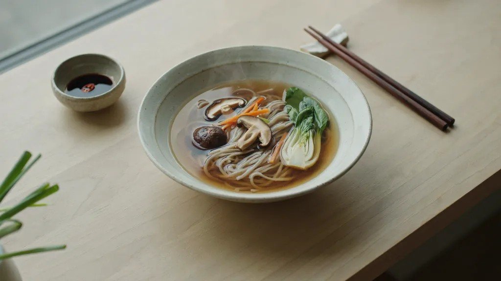 miso soup with noodles and vegetables served as a hearty meal.