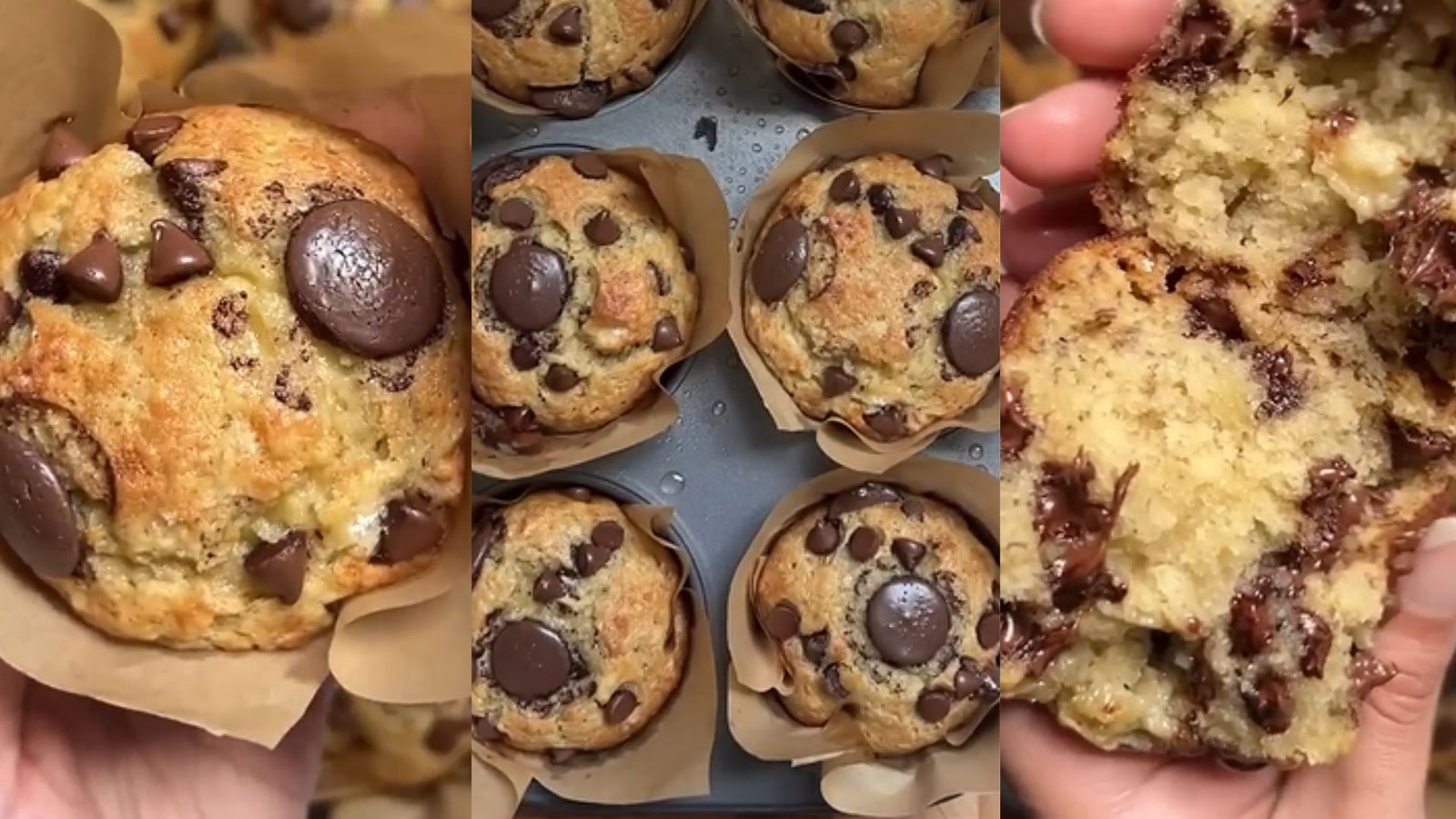 Collage of golden banana chocolate chip muffins in parchment liners, close-up of top and muffin split open showing moist crumb