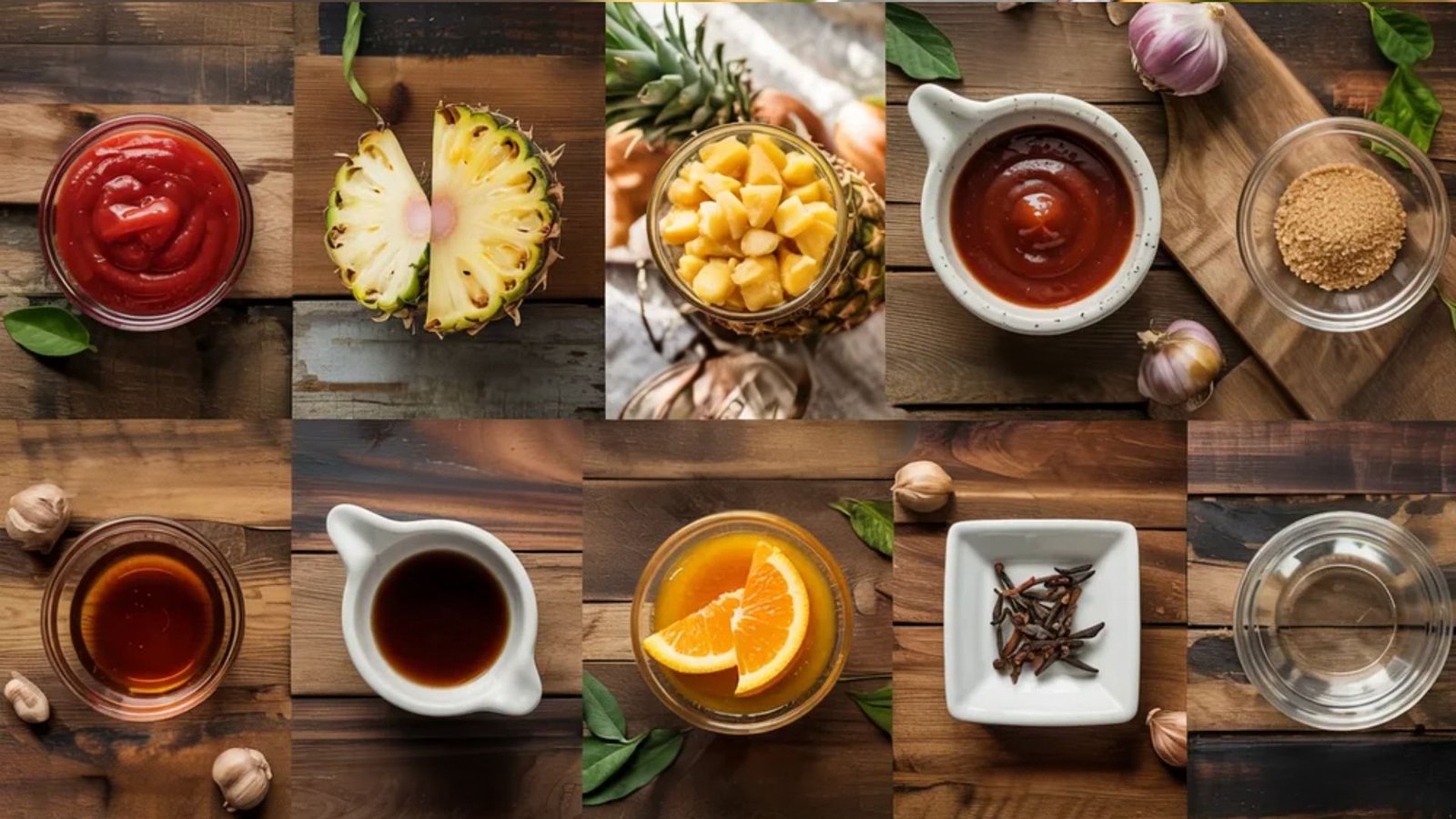 Hawaiian BBQ sauce ingredients arranged in bowls including pineapple, soy sauce, ketchup, and spices flat lay.