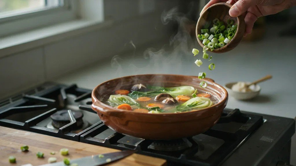 vegetables simmering in miso broth with green onions added at the final stage.