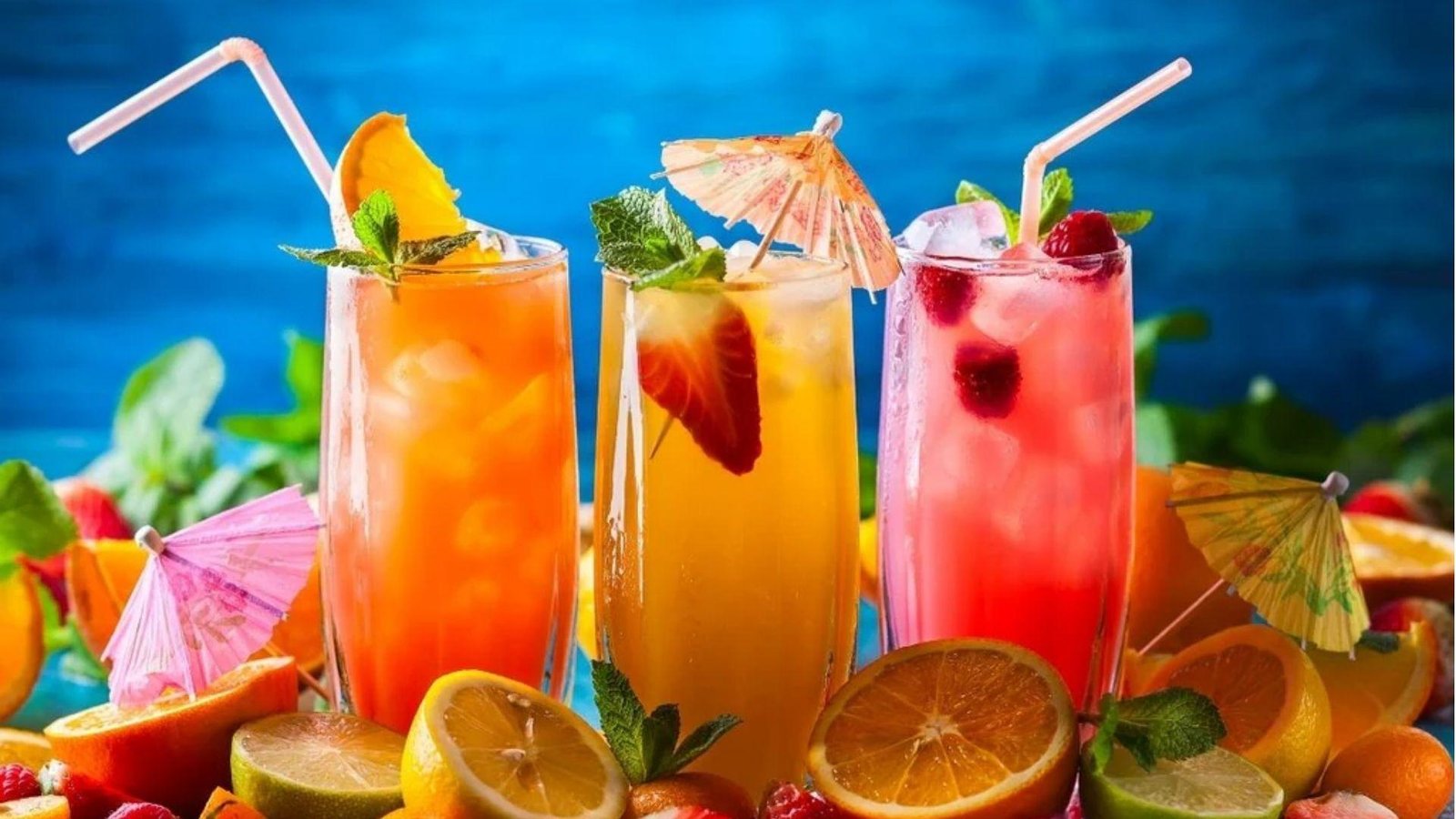 Three colorful tropical mocktails in tall glasses garnished with fruit slices, mint, and cocktail umbrellas against a blue background.