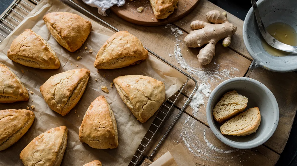 Golden ginger scones cooling on rack with baking ingredients in cozy kitchen scene.