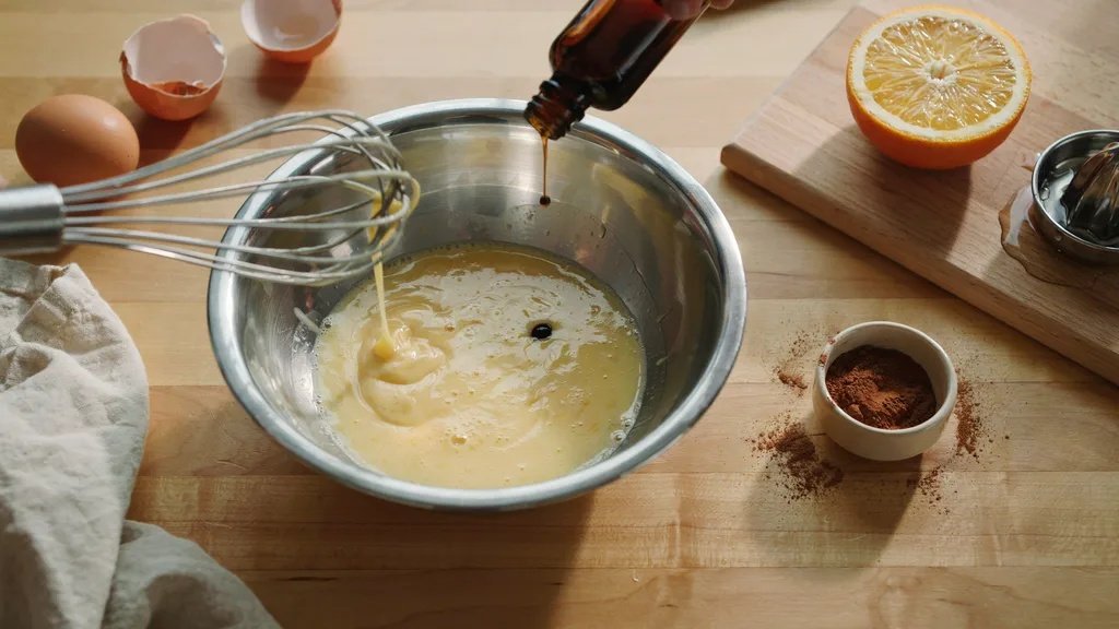 Vanilla extract being drizzled from an amber bottle into egg batter with a whisk, orange half, and cinnamon nearby.