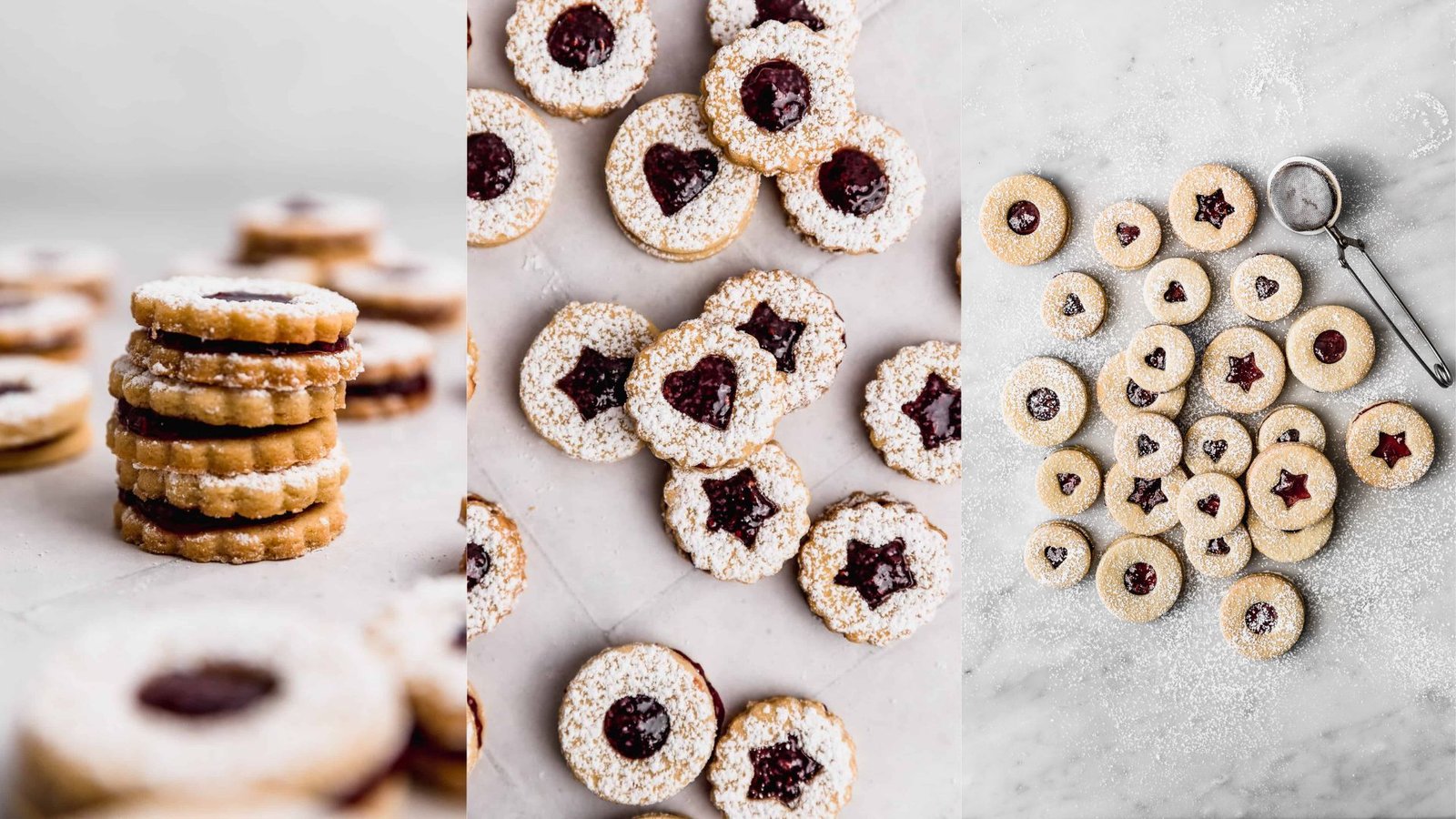 Stacked Linzer cookies with raspberry jam filling and powdered sugar in heart and circle shapes