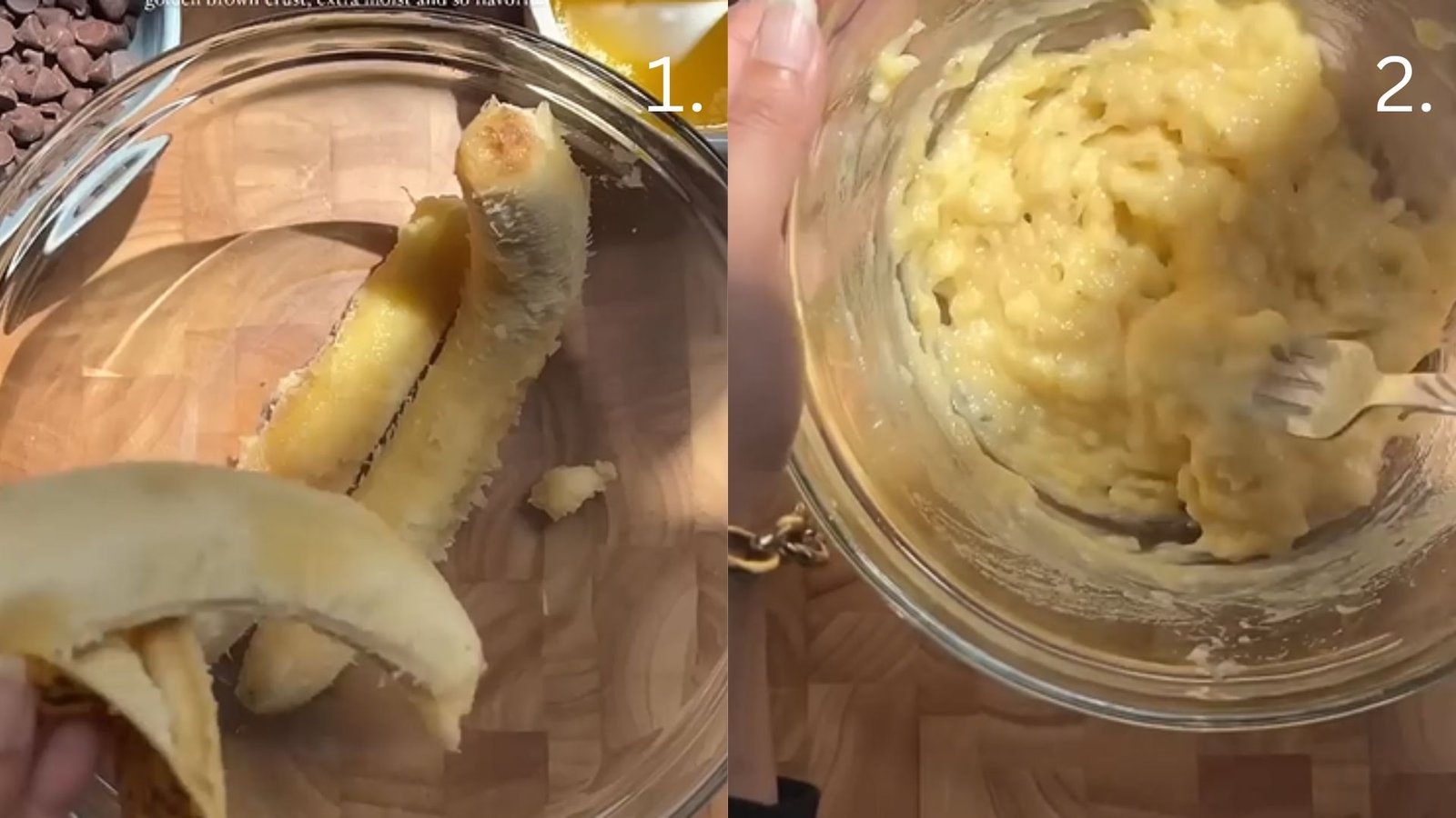 Two ripe bananas being peeled and mashed in a bowl until smooth, forming the base of the muffin batter.