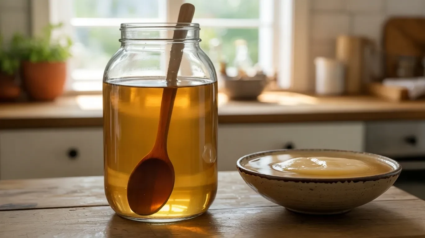 kombucha brewing jar with SCOBY set aside and tea stirred to evenly distribute yeast before bottling.