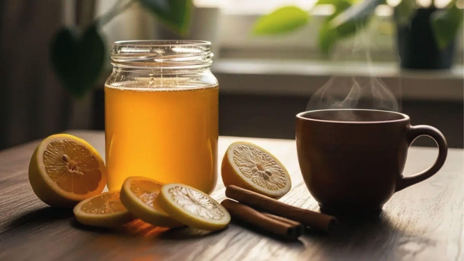 Steaming cup beside large honey jar, lemon slices, and cinnamon sticks for honey trick.