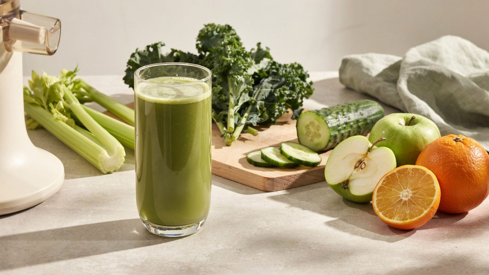 Fresh green goddess juice in glass with kale cucumber celery apple and orange on a bright kitchen counter in the morning light.
