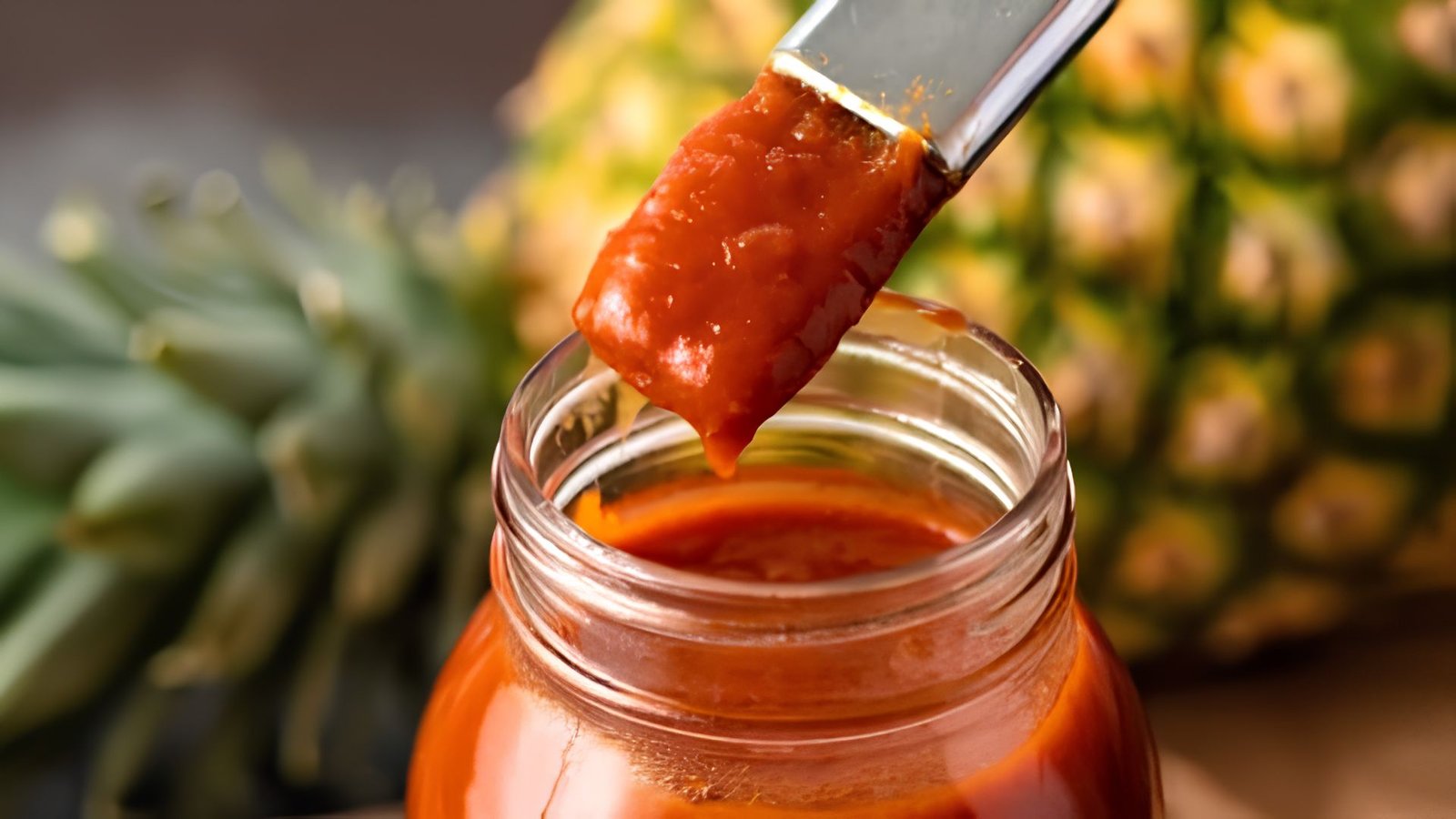Thick homemade Hawaiian BBQ sauce dripping from basting brush over glass jar with fresh pineapple in background for tropical flavor