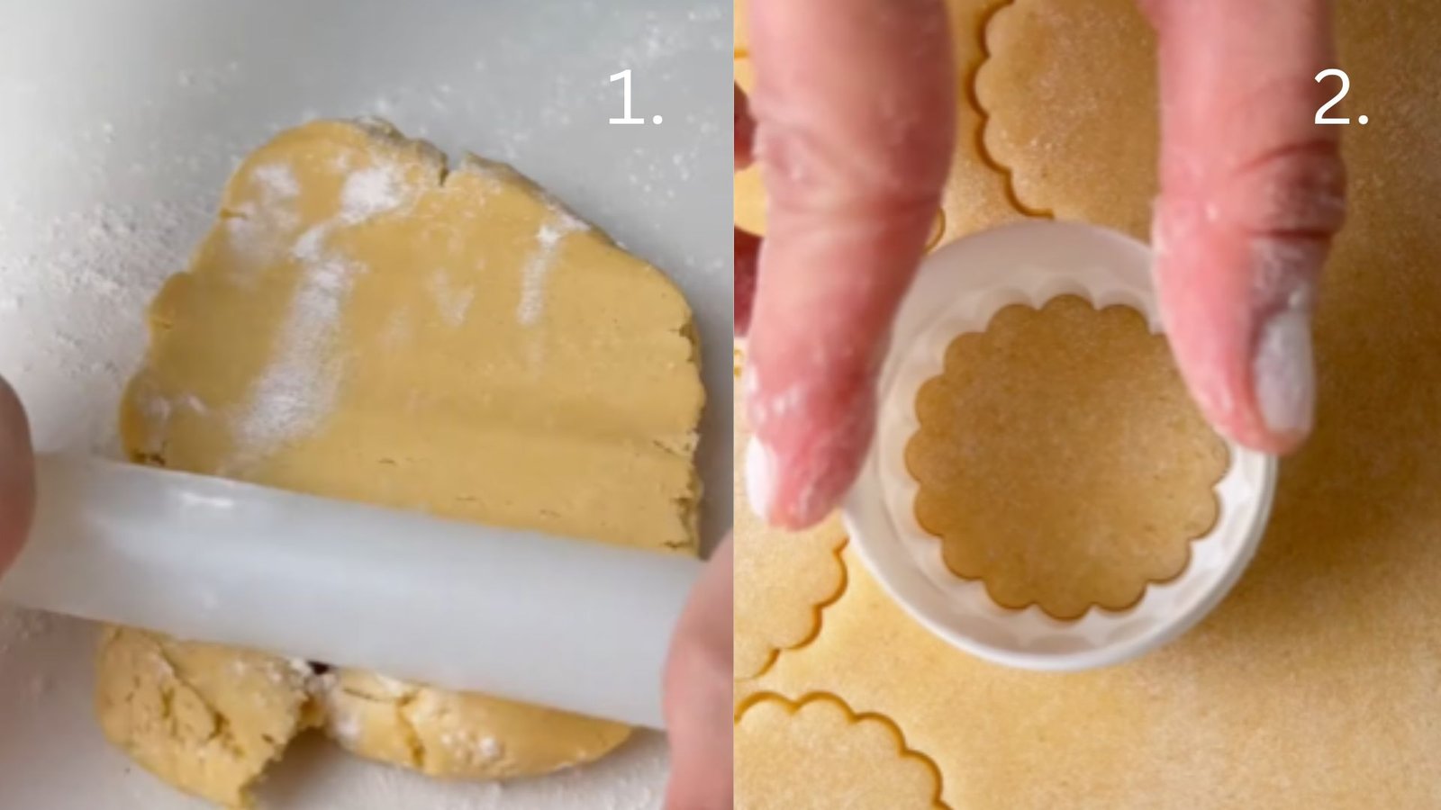 Rolling chilled Linzer cookie dough on a lightly floured surface and cutting scalloped round cookie shapes with a cookie cutter.