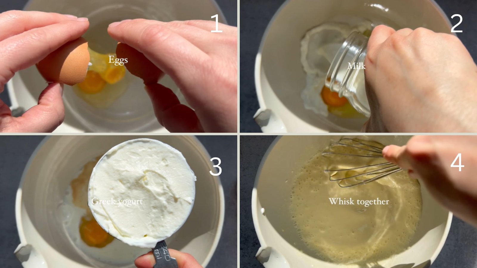 Four-step collage cracking eggs, pouring milk, adding Greek yogurt, and whisking wet ingredients for yogurt pancakes in white bowl.