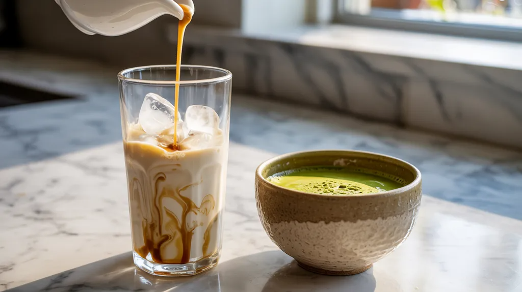 Adding milk and sweetener to prepare matcha coffee