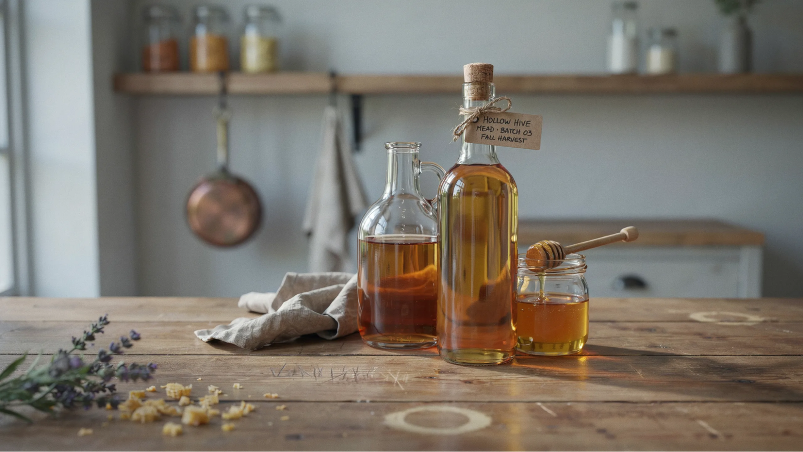homemade honey mead in a glass jug with golden color placed next to the honey jar on a wooden table.