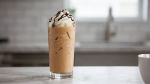frozen coffee in a glass topped with whipped cream and chocolate drizzle ready to serve.
