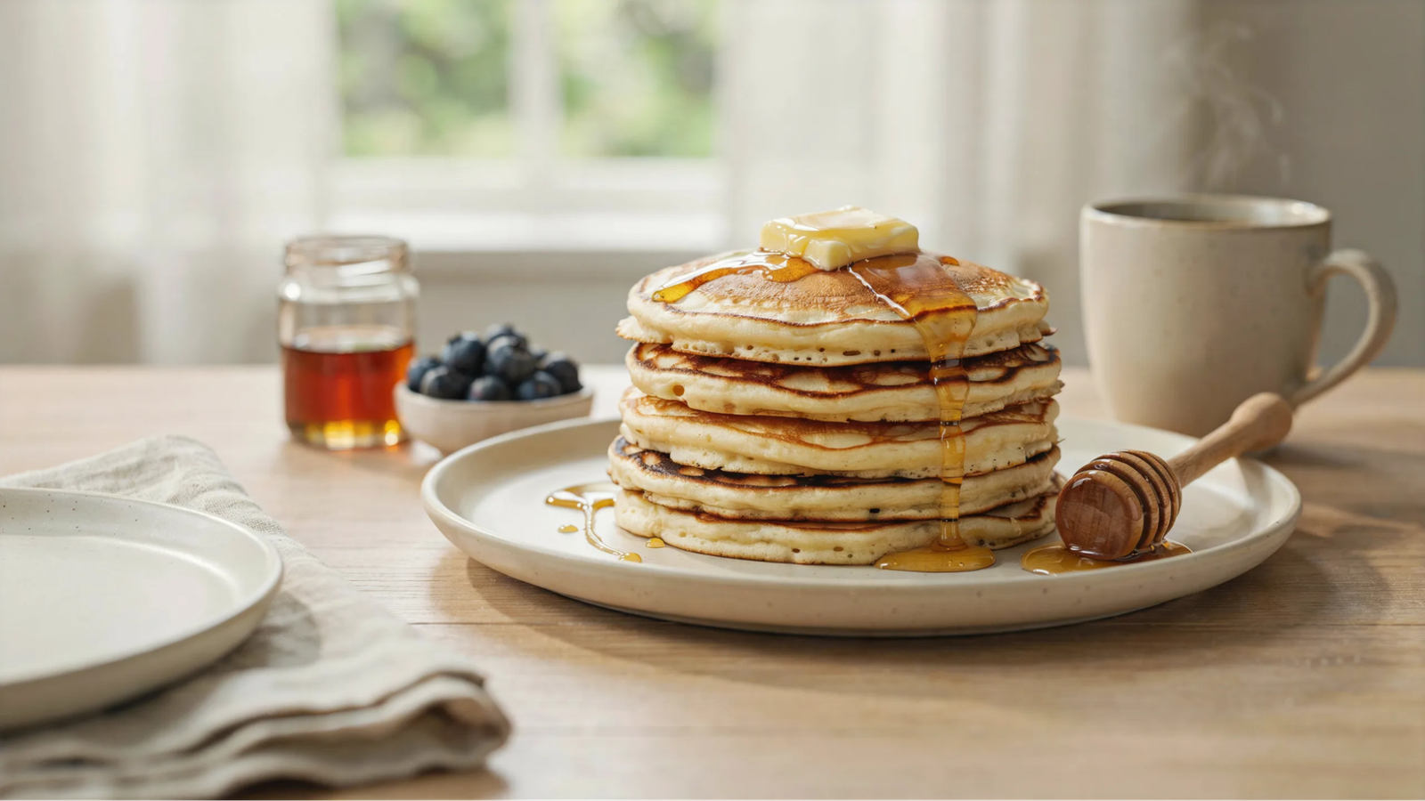 stack of fluffy sweet cream pancakes with butter and maple syrup served on a plate in a cozy breakfast setting