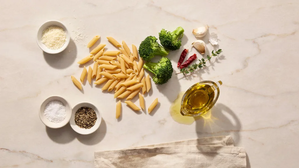 broccoli garlic olive oil parmesan and short pasta arranged on a counter for cooking pasta.
