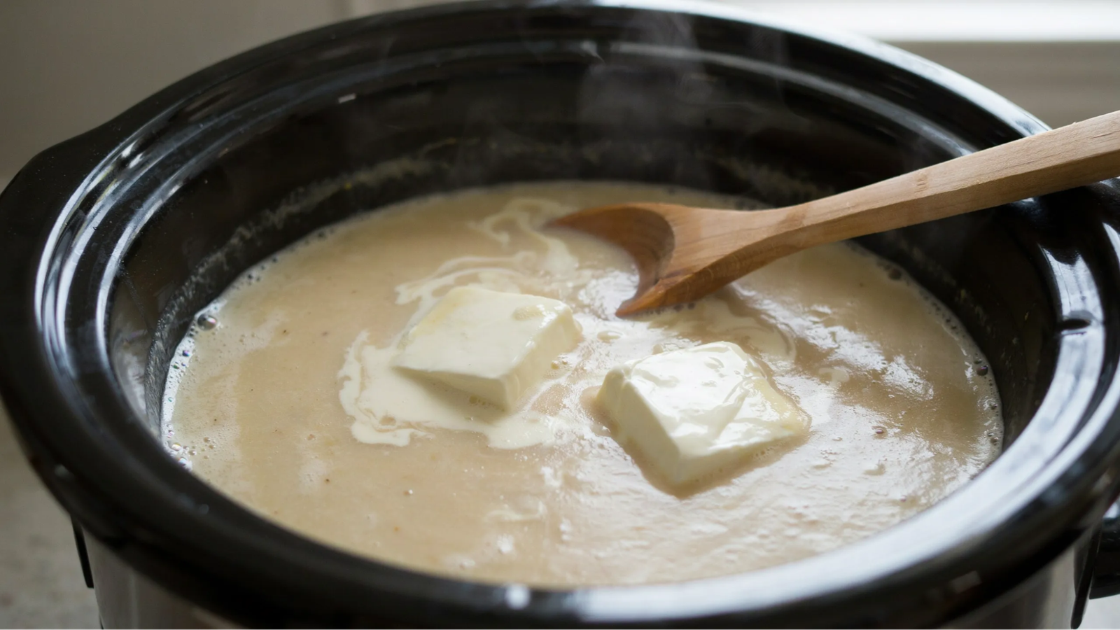 evaporated milk and cream cheese added to soup creating a creamy texture inside the crock pot.
