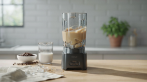  blender mixing coffee and ice into a thick smooth frozen coffee texture.
