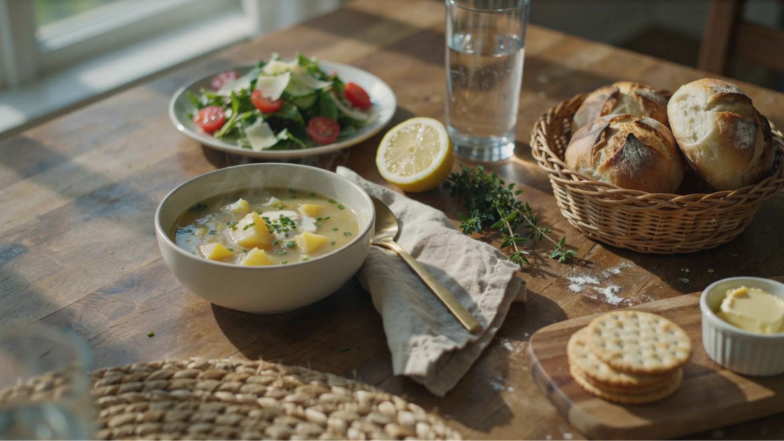 potato soup served with bread salad and crackers creating a complete meal setup.
