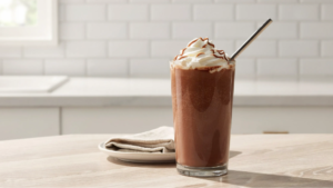 mocha frozen coffee with chocolate drizzle and thick creamy dark coffee texture.
