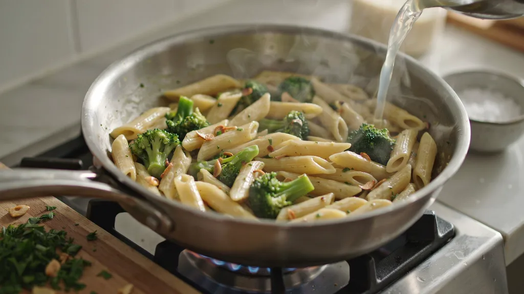 pasta being mixed with broccoli garlic sauce in a pan until evenly coated.

