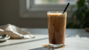  freshly made frozen coffee served immediately showing thick creamy texture before melting.
