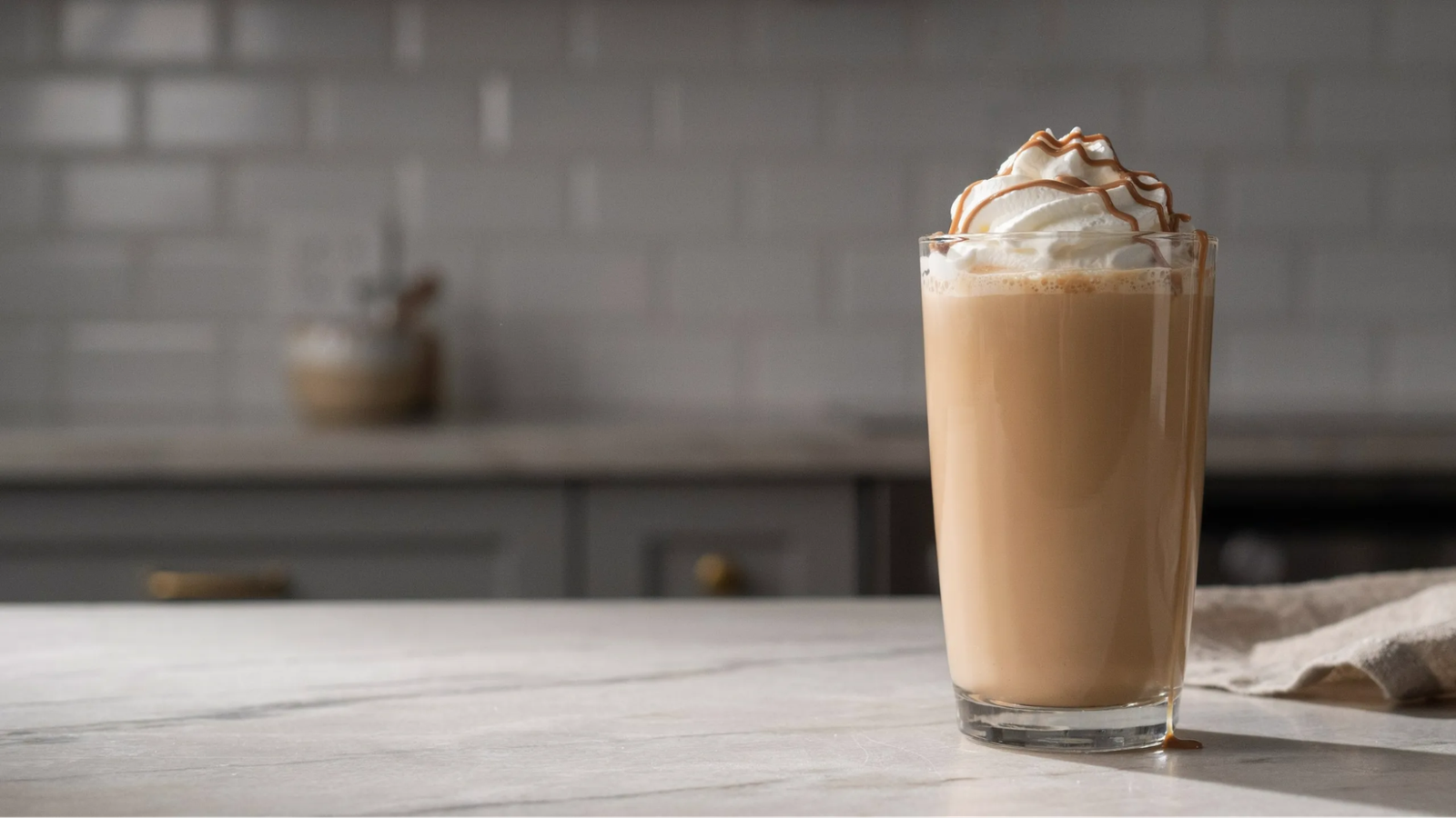 creamy blended coffee in a glass with smooth texture and light brown color topped with whipped cream and chocolate drizzle.